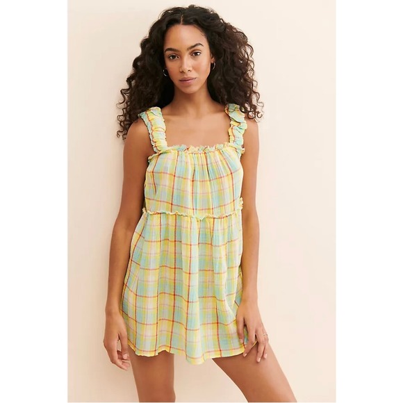 Anthropologie Dresses & Skirts - Anthropologie NWT‎ Tiered Plaid Ruffle Mini Dress Yellow Women's Size XS Summer